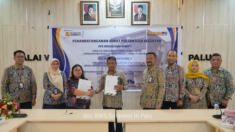 Penandatanganan Surat Perjanjian Kerjasama Pekerjaan Rehabilitasi dan Pebangunan Jaringan Irigasi dan Saluran Pengaman D.I. Lambunu dan D.I. Gumbasa