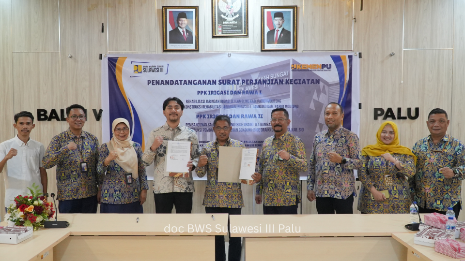 Penandatanganan Surat Perjanjian Kerjasama Pekerjaan Rehabilitasi dan Pebangunan Jaringan Irigasi dan Saluran Pengaman D.I. Lambunu dan D.I. Gumbasa